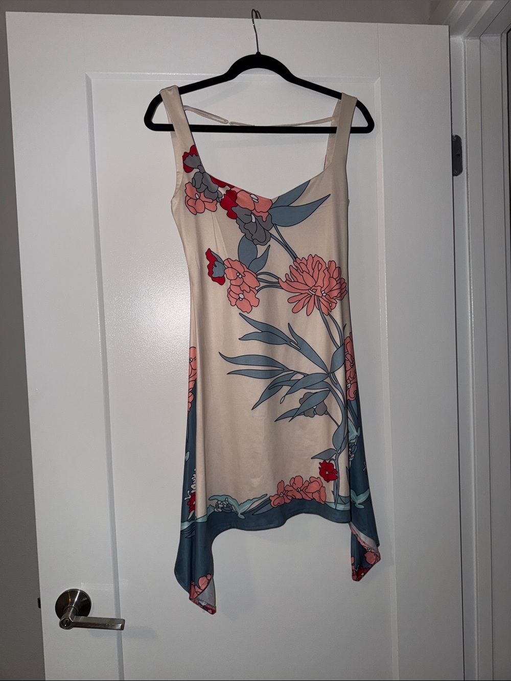 Floral Slip Dress in Beige with Blue and Coral Accents